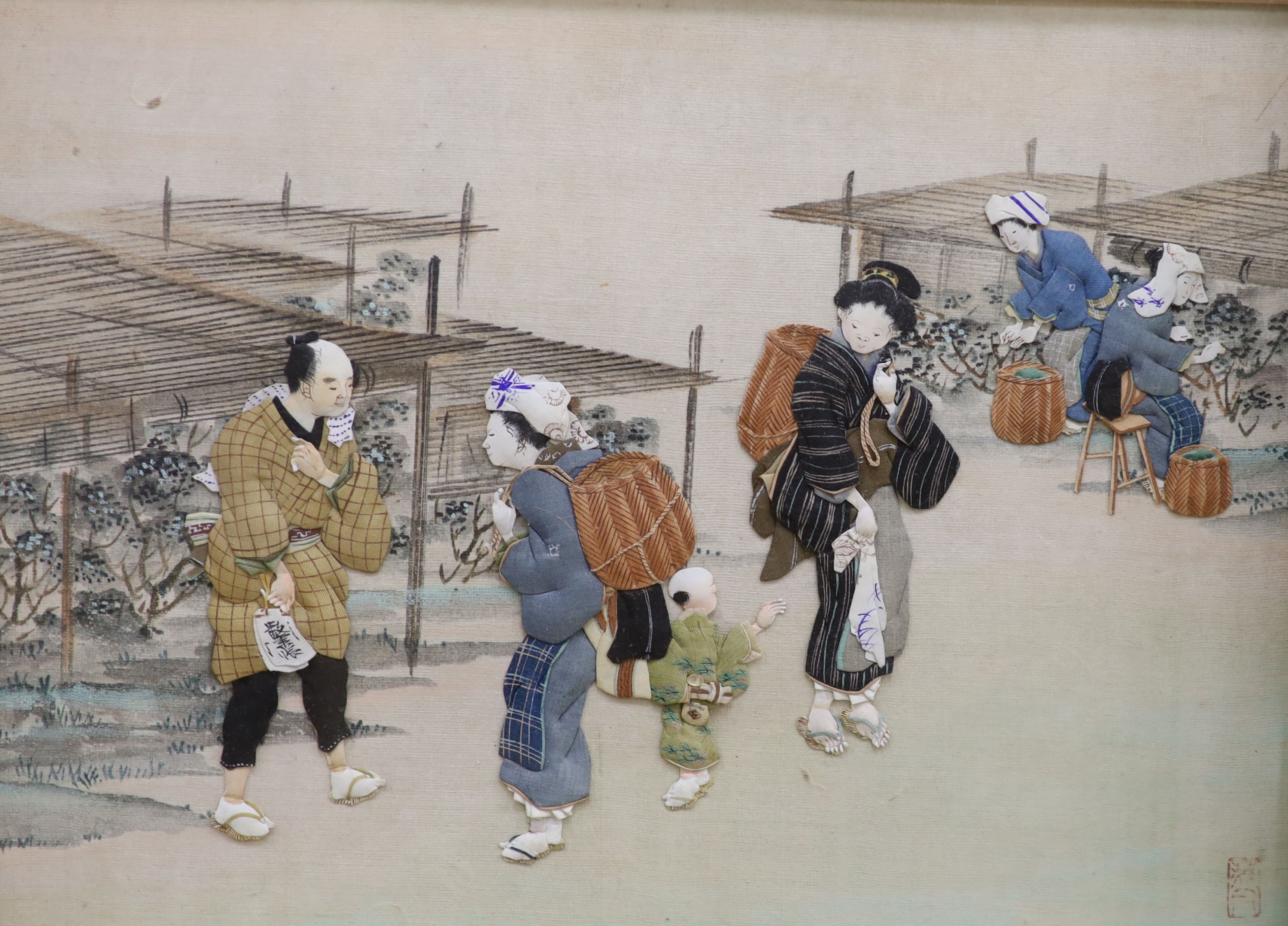 A set of four Chinese or Korean painted fabric collages, circa 1950, depicting interiors scenes with figures, framed, 19 x 26cm